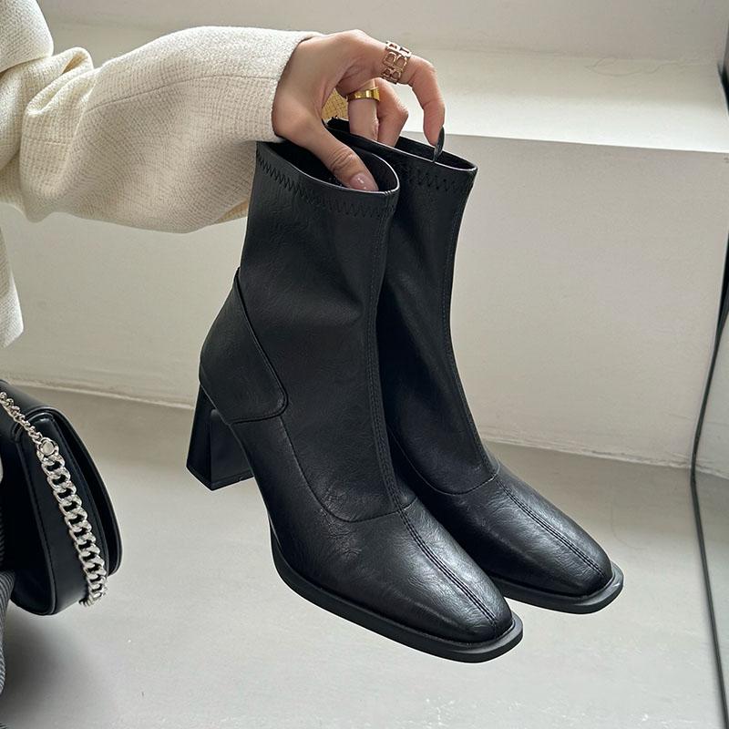 Zippers Women Stretch Short Boots With 6CM Heels Footwear Square Toe Ladies Ankle Modern Boots Female Pumps Shoes