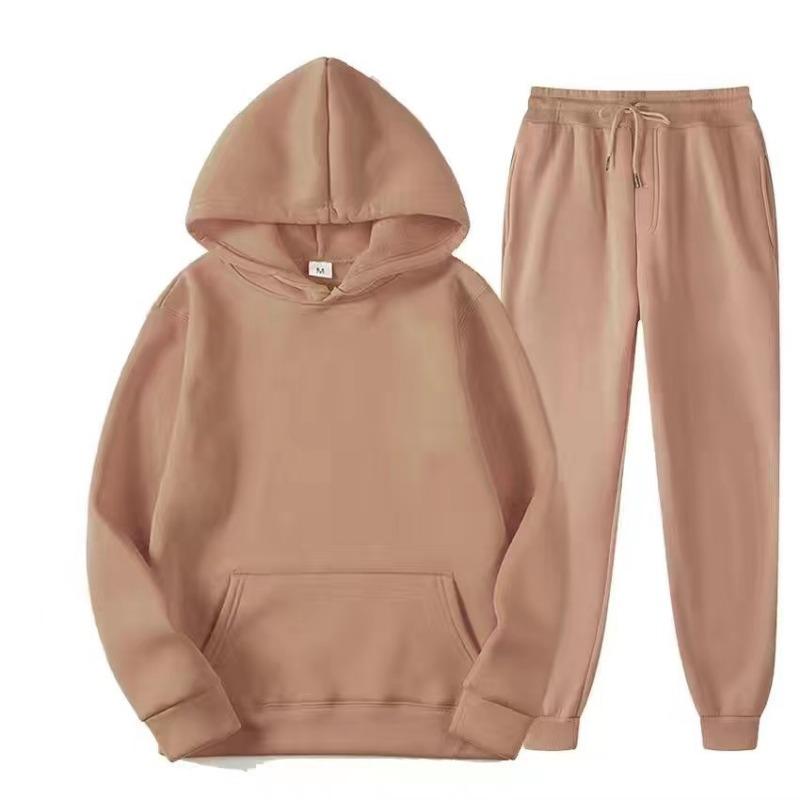 Autumn Winter Solid Color Sportswear 2-piece Hooded Sweatshirt Sweatpants with Plush Loose Casual Sweatshirt Set