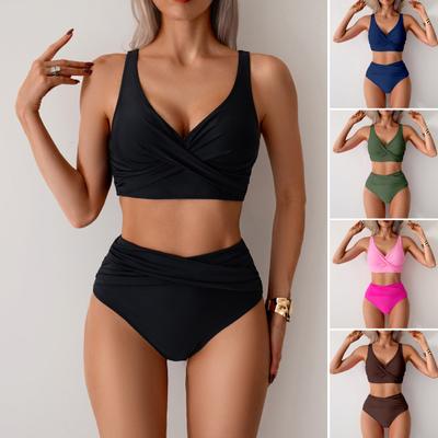 Женский комплект бикини из 2 предметов, глубокий V-образный вырез, бюстгальтер без косточек, высокая талия, плавки, комплект, однотонный дизайн, раздельный дизайн, пляжная одежда