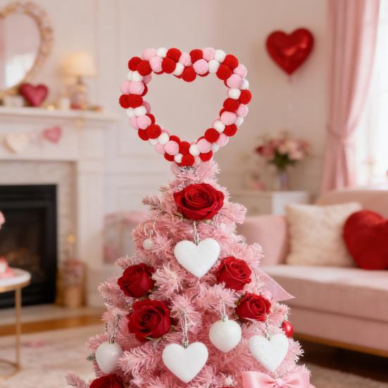 Valentine's Day Heart Tree Topper Red Pink White Pom Pom Ball Love Heart Treetop Ornament for Valentine's Day Christmas Wedding Birthday Party Home