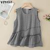 Summer Women Sleeveless Irregular Ruffled Hem Plaid Casual Tank Tops