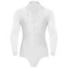 Mens Latin Dance Leotard Lapel Collar Sheer Mesh Patchwork Long Sleeve Sparkly Rhinestone Bodysuit Tango Costume