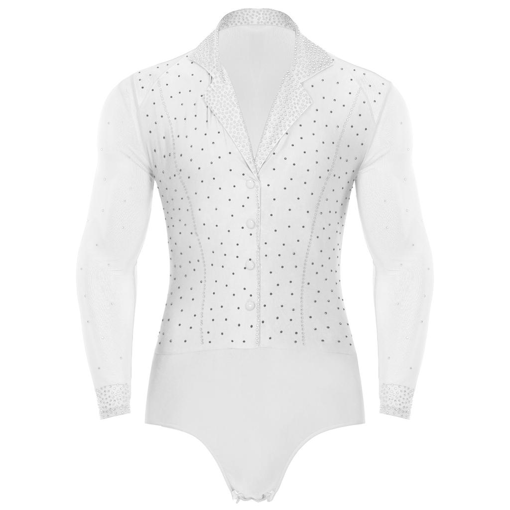 Mens Latin Dance Leotard Lapel Collar Sheer Mesh Patchwork Long Sleeve Sparkly Rhinestone Bodysuit Tango Costume