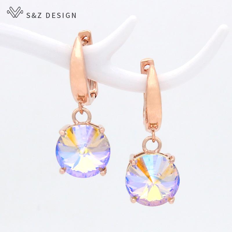 Colorful Round Large Crystal Drop Earrings For Women Wedding Jewelry Fashion Rose Gold Color Eardrop Gift