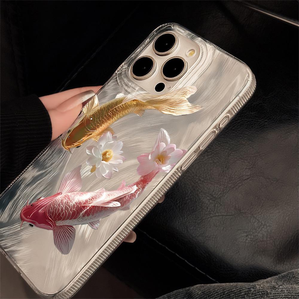 Чехол для телефона с узором «Карп на удачу» для iPhone 17 Pro 15 16 14 13 12 11 Pro Max 17e 16e 8 7 Plus XR XS X Серебристый Мягкий Ударопрочный Чехол