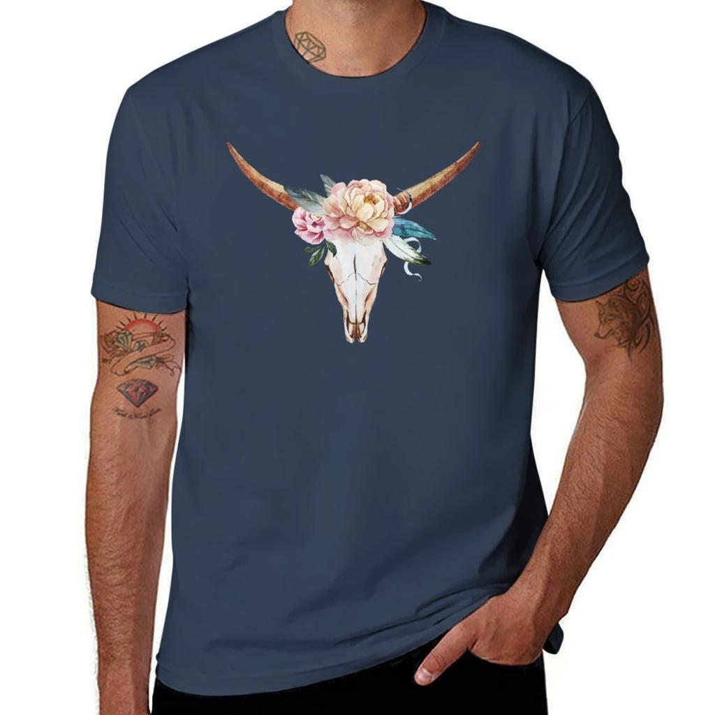 Skull with watercolour flowers TShirt Casual Trendy Short Sleeve TShirt