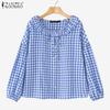 Женская повседневная блузка с кукольным воротником в стиле ретро, с принтом в клетку и длинными рукавами