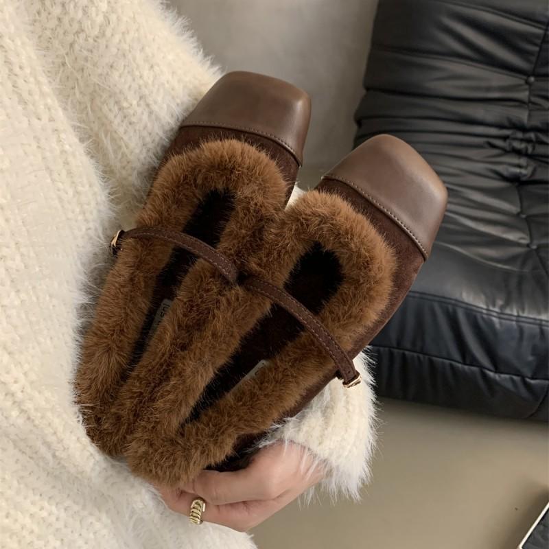 Модные меховые туфли женские 2024 осень-зима цветные цепочные утепляющие модные неглубокие туфли-лодочки туфли Мэри Джейн с пряжкой в одну линию