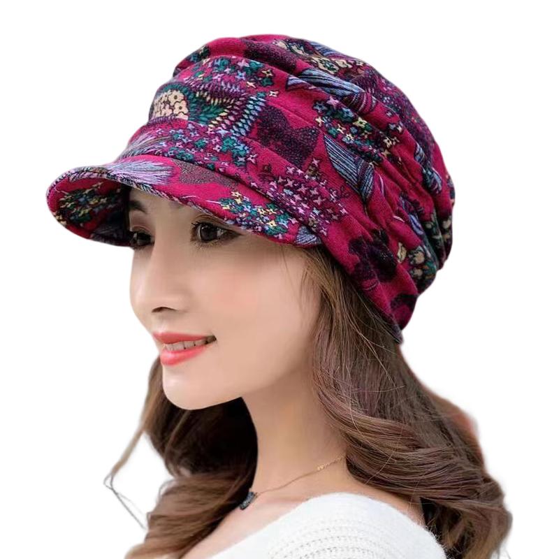Women Keep Warm Turban Visor Hat Floral Print Windproof Cap Wide-Brimmed Cap Winter Warm Fashion