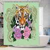 Занавеска для душа с анималистическим принтом: морда тигра на фоне цветочного узора, зеленый фон.