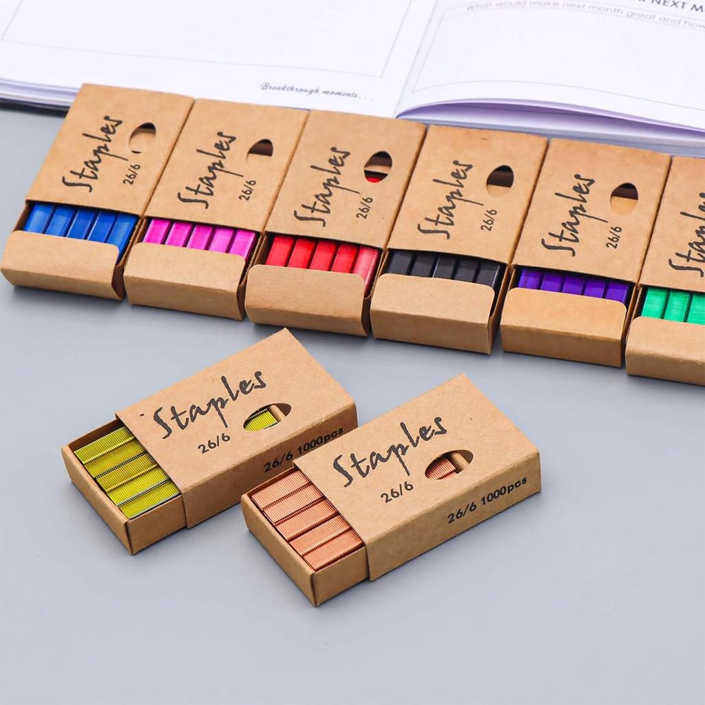 Mogoostry Colorful Staples 26/6 Standard Stapler Refills, 1/4 Inch Leg Jam Free, 1000pcs/Pack (8 Packs 26/6 Staples Total)