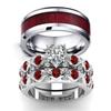 Fashion Couple Rings Women Heart White Crystal CZ Rings Set Men's Red Wood Inlay Stainless Steel Ring Wedding Band Jewelry Gifts