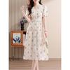 Summer 2024 Retro Floral Puff Sleeve V-Neck French Midi Dress with Waist Slimming Design