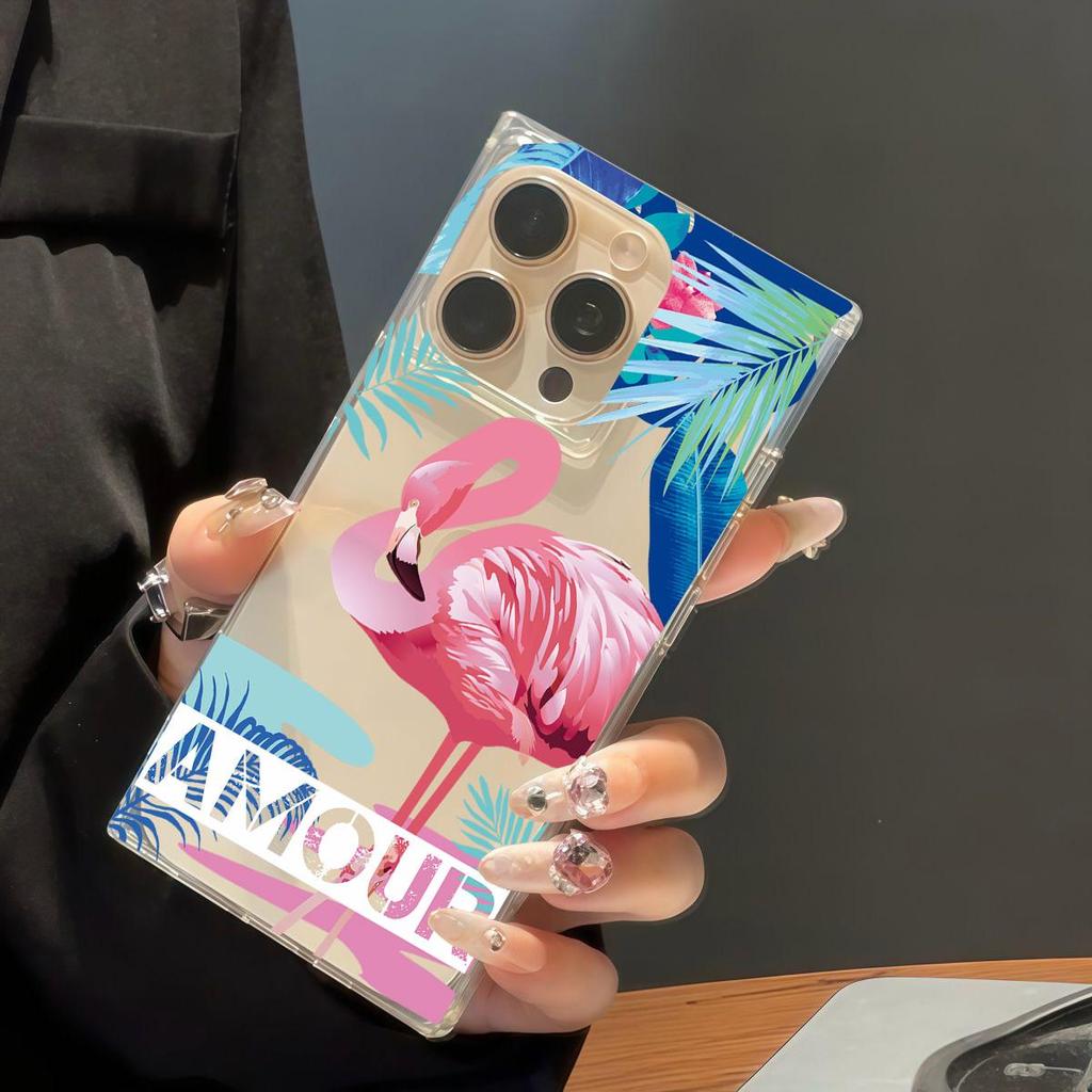 Clear Square Back Tube Case Protection For iPhone 13 12 16 ProMax 11 14 Pro Max 15 Plus Anti-Oxygen,Large Flamingo Pattern Casing
