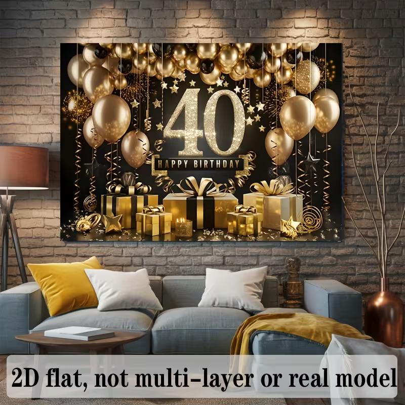 2D Black Gold 40th Birthday Backdrop Happy 40th Birthday Party Decoration Banner