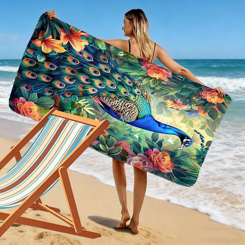 Peacock Oil Painting Print Beach Towel, Large Soft Quick Dry Towel for Beach Camping Swimming