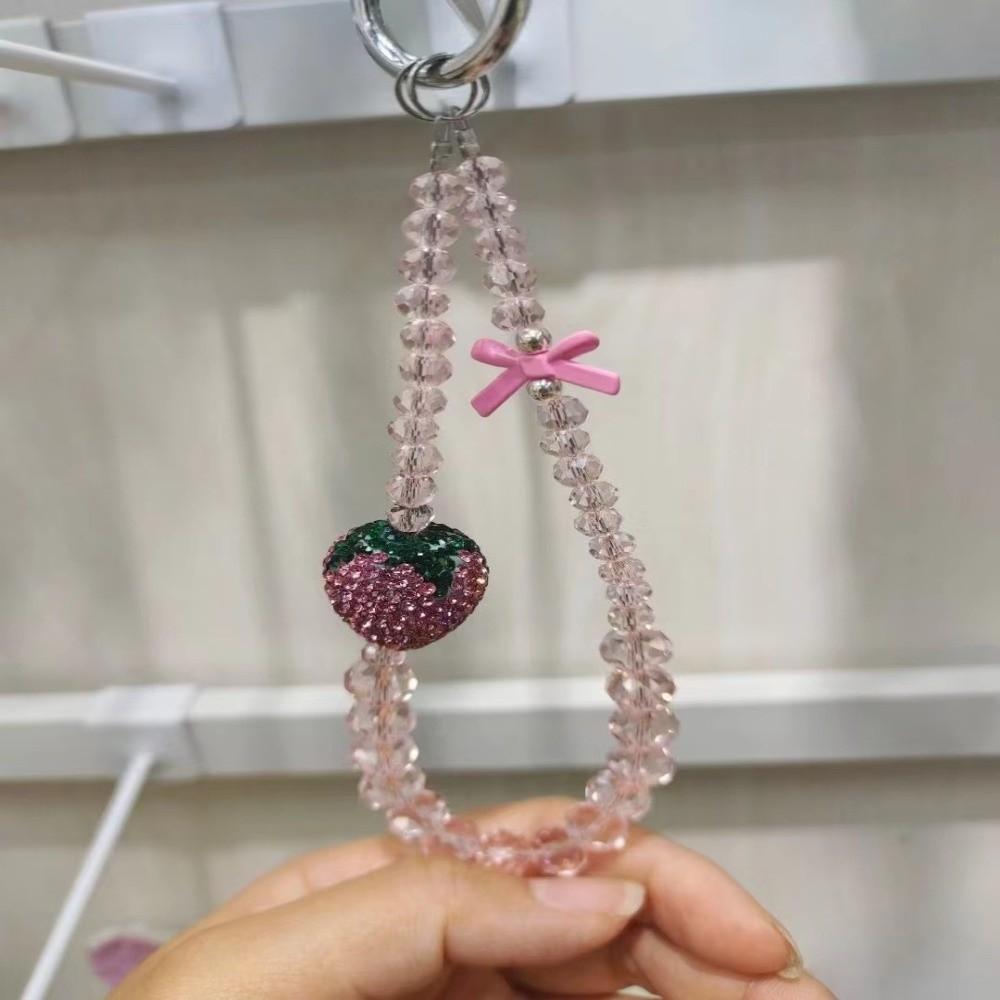 Bling Beaded Phone Bracelet Pink Strawberry Phone Lanyard Mobile Phone Chain  Taking Photo