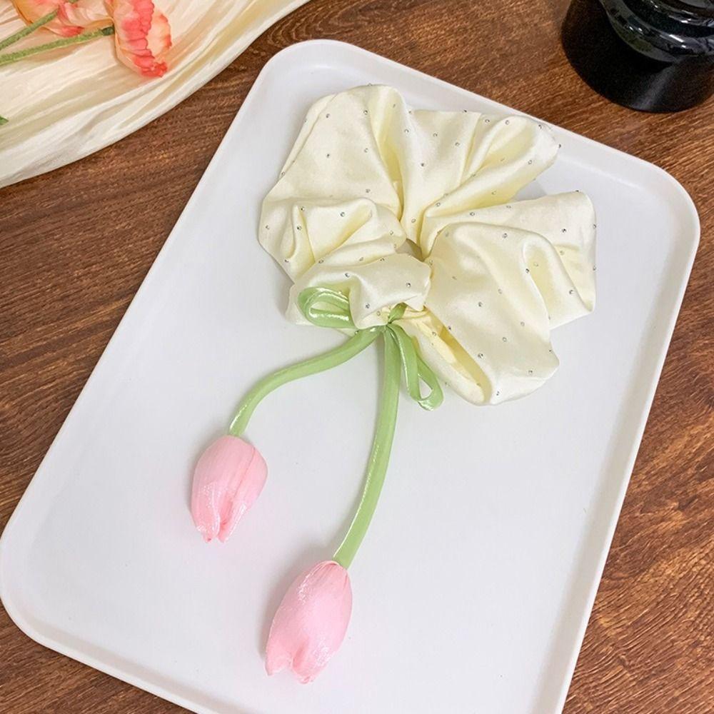 Spring Design Tulip Headbands Elastic Material Mesh Strap Satin Hairstring Bow Hanging Flower Handmade Butterfly Knot