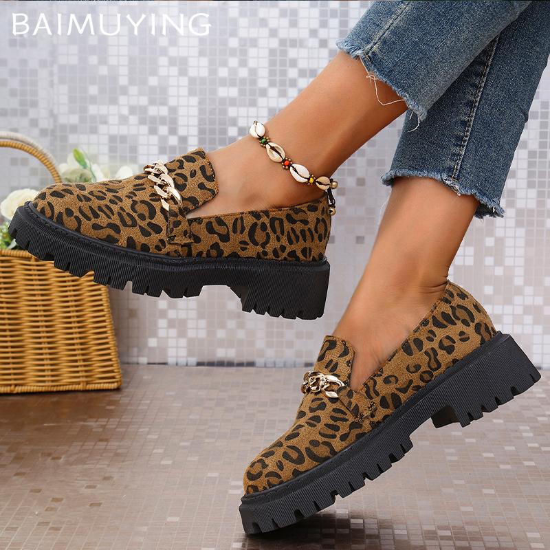 Женские туфли-лоферы на платформе с леопардовым принтом, замшевые туфли на толстом среднем каблуке, дизайнерская обувь в стиле ретро 2025 года, зимняя мода, новинка, женские туфли