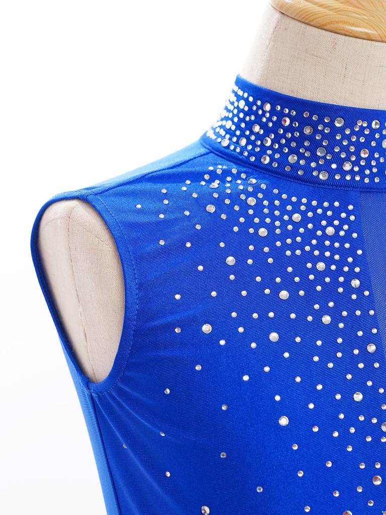 Укороченный топ для девочек Lyrical Dance с воротником-стойкой, без рукавов, вырез-замочная скважина сзади, отделка стразами для современных выступлений