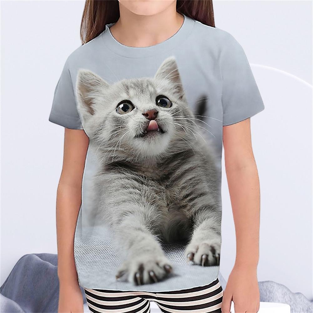 Детская одежда для мальчиков и девочек Футболка с принтом 3D Cat и короткими рукавами, топ с круглым вырезом