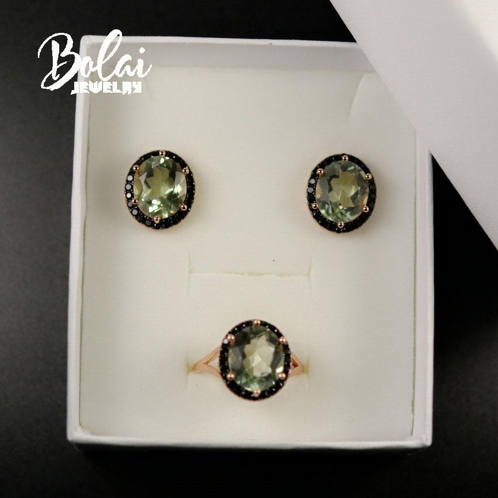 Oval 10*12mm Natural Green Amethyst Jewelry Set 925 Sterling Silver Jewelry Ring Earring for Women Daily Wear Nice Gift