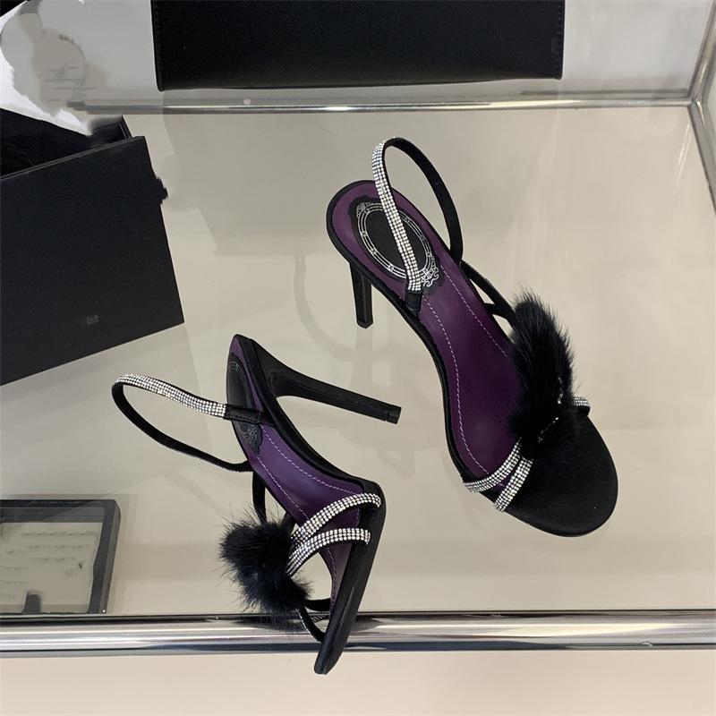 Summer Women's High Heels: Chic, Sexy, Open-toe Sandals Featuring Mink Fur, Rhinestones, And A Single-strap Design