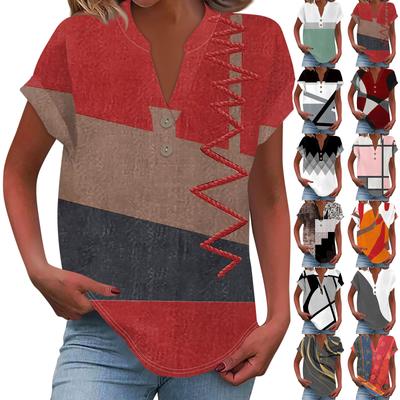 Женская модная повседневная рубашка с v-образным вырезом и коротким рукавом с принтом, футболка на пуговицах, топ