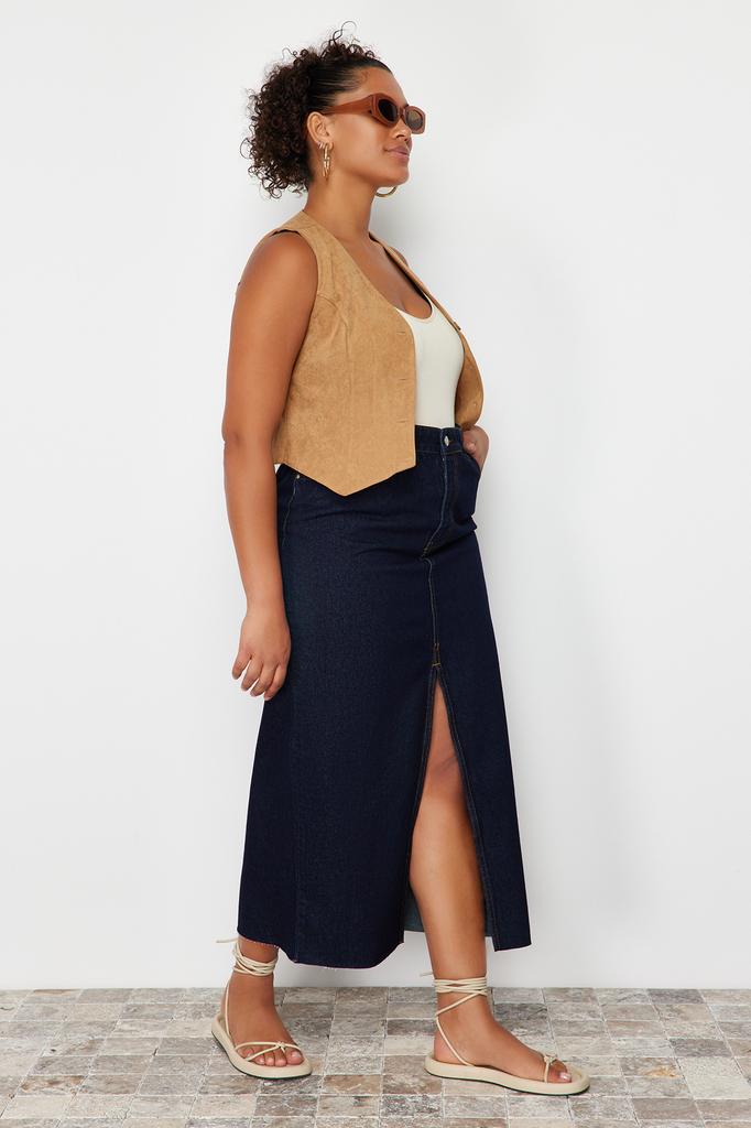 Женская модная темно-синяя джинсовая юбка макси большого размера с разрезом