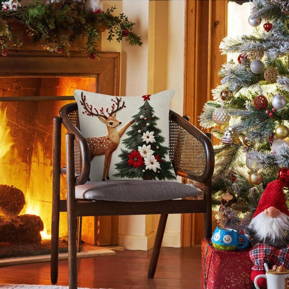 Linen Throw Cushion Cover Elk Santa Claus Snowman Xmas Tree Pillow Case  Living Room