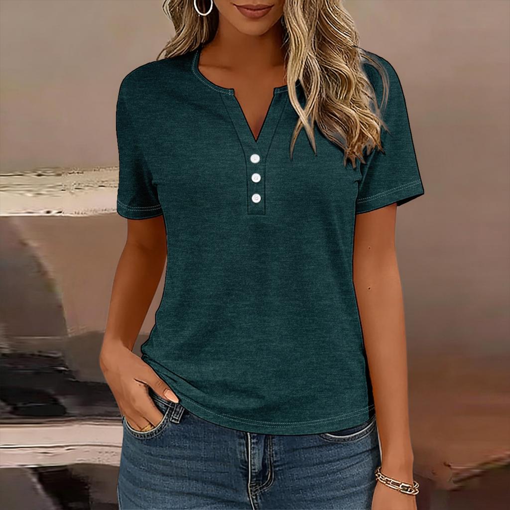 Женская футболка-henley с коротким рукавом, повседневный свободный топ с планкой на пуговицах и вырезом для повседневной носки