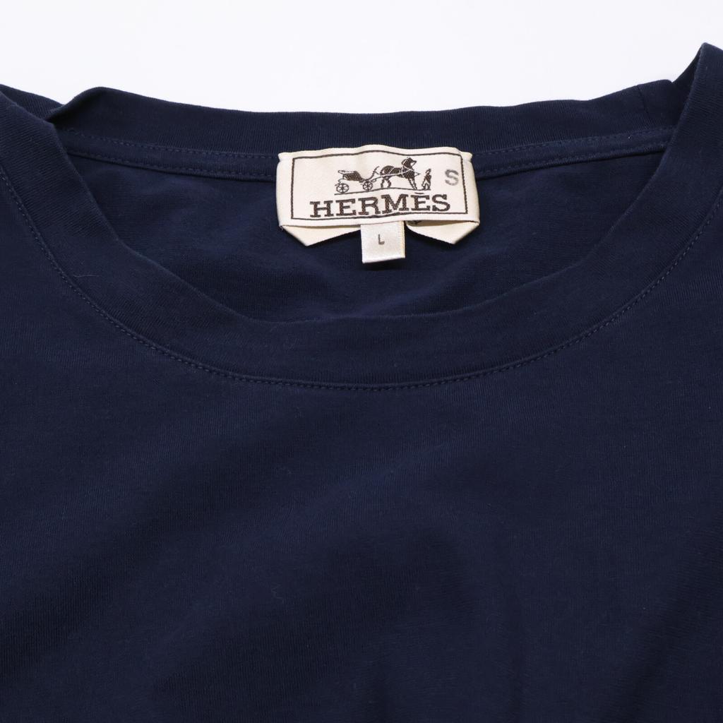 HERMES 20Stainless Steel 01-5773 Cotton Crew Neck Short Sleeve Pocket Top tops L NavyUsed