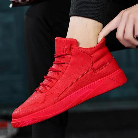 Мужские красные спортивные кроссовки с высоким верхом - корейский стиль, осень/зима, с плюшевой подкладкой, модная повседневная обувь.