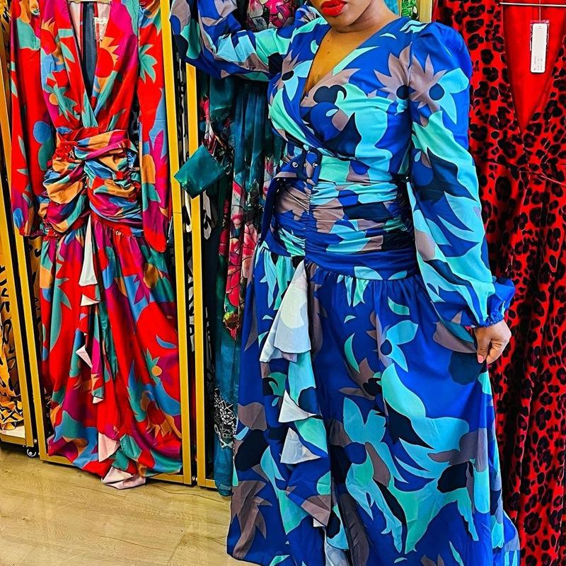 Весна новая европейская и американская женская одежда ретро принт глубокий V вырез с разрезом облегающее платье платье халат женское