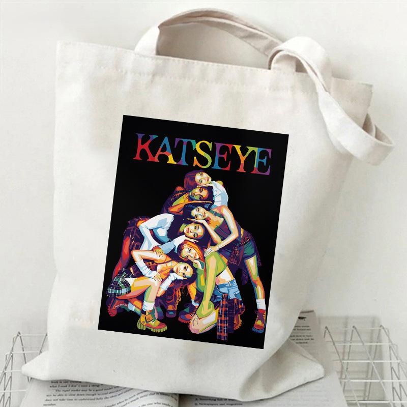 KATSEYE Merch Canvas Tote Bag Retro Black White Print Shoulder Bag Kpop Fan Gift 60123-3