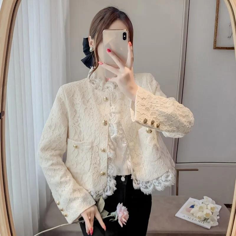 Женская весенняя темпераментная элегантная куртка с длинным рукавом и коротким кружевным краем