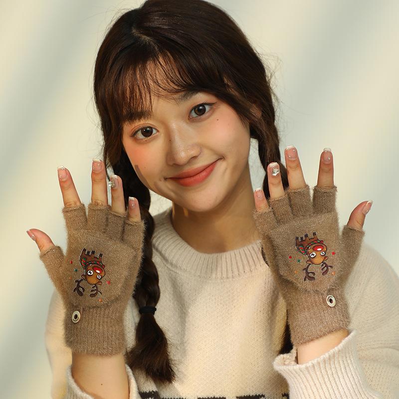 Зимние новые милые мультяшные плюшевые теплые откидные перчатки без пальцев для девочек-студенток, пишущие холодостойкие перчатки с половиной пальцев на Рождество