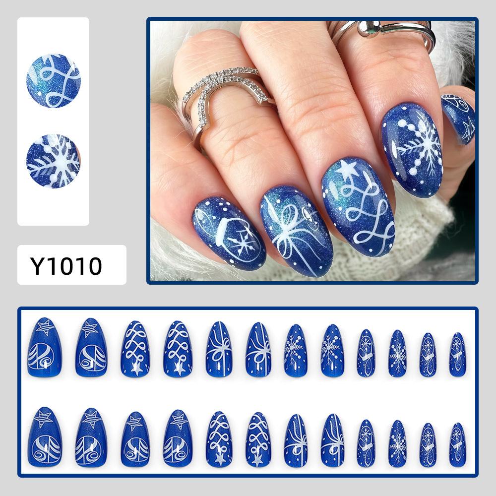 Advanced Fantasy Sapphire Blue Cat Eye Manicure, Snowflake Star Lines, Christmas Wear Nails, Winter Atmosphere Fake Nails