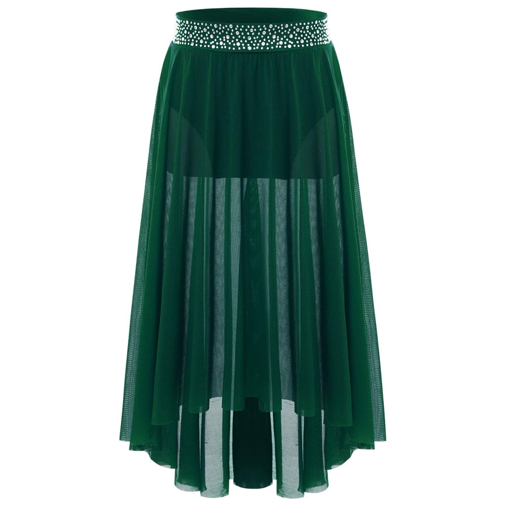 Юбка для лирического танца для девочек с блестящим поясом из стразов, сетчатая юбка хай-лоу, боковой разрез, современный