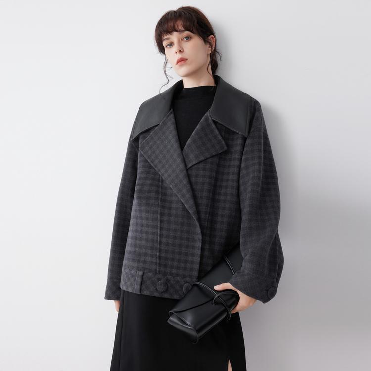 ELLE French Plaid Spliced Fashion Design Sheepskin Casual Loose Versatile Long Sleeve Double-Sided Wool Coat Women coats EN52470