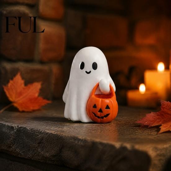 Funny Ghost Statue Halloween Cute Figurine, Small Red Heart Pumpkin Bucket Statue, Seasonal Decorative Gifts Resin Ornament for Home Shelf Table