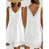 A-line Summer Casual Skirt Embroidery Mid Dress Fashion V-Neck Lace Dress  Beach Vacation