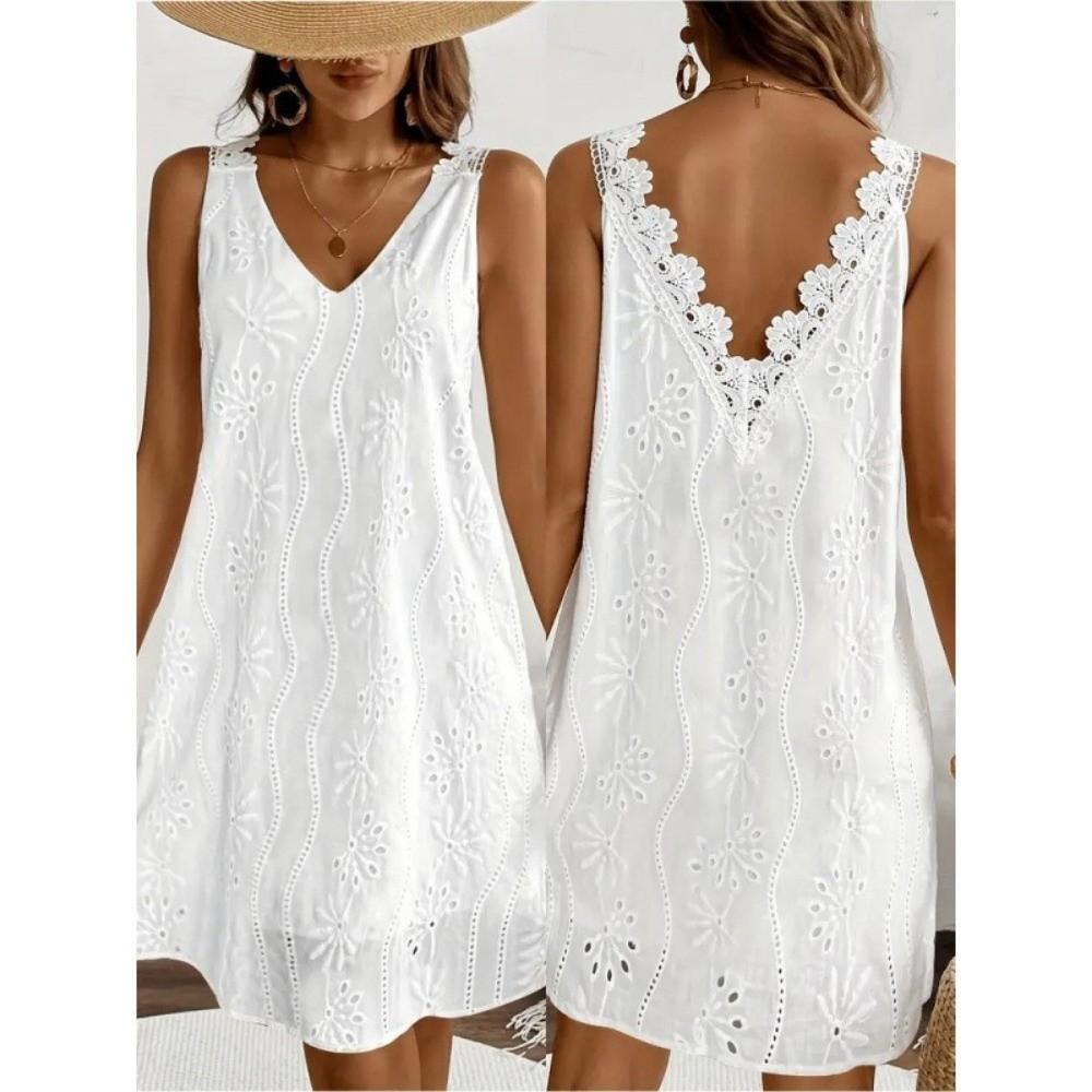A-line Summer Casual Skirt Embroidery Mid Dress Fashion V-Neck Lace Dress Beach Vacation