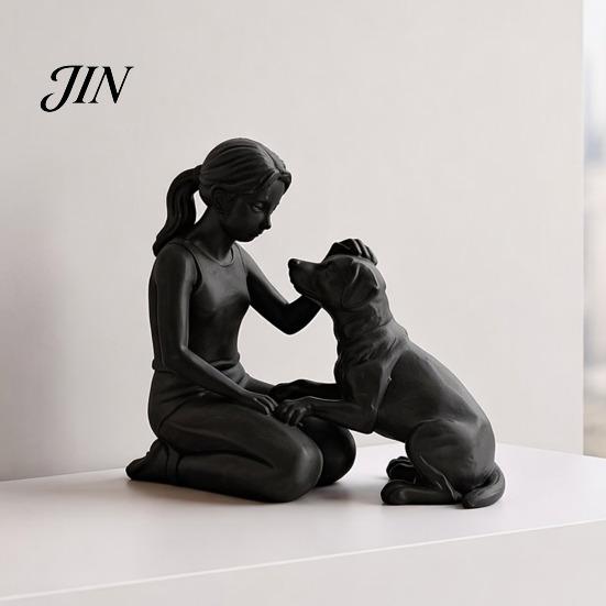 Unique Handcrafted Pet Keepsake 3D Printed Girl with Dog Figurine, Minimalist Squatting Sculpture for Home Emotional Sympathy Gift Decor, Healing
