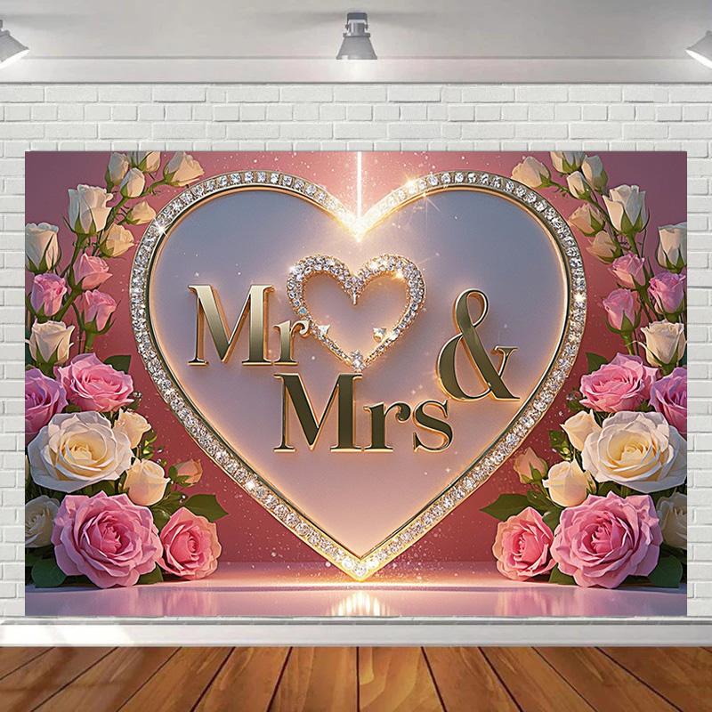Фон «Мистер и миссис» с розами и блестками для романтической свадьбы, помолвки, декора вечеринки — универсальный фон для фотографий, для помещений и улицы
