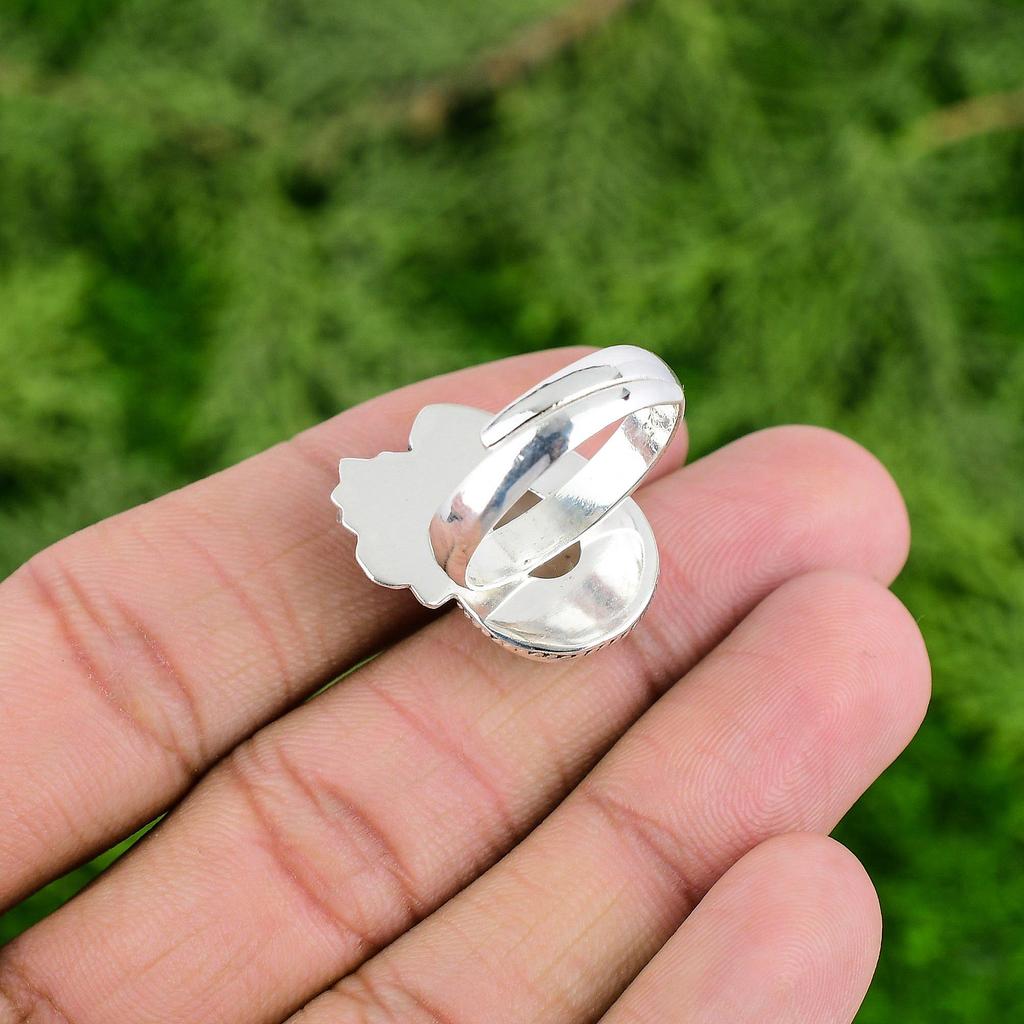 Natural Plume Agate Gemstone Promise Flower White Adjustable Ring 925 Silver