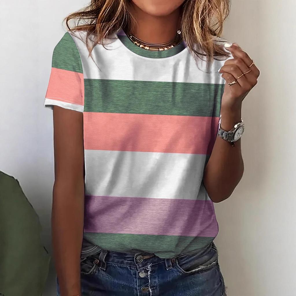 Женский клетчатый и полосатый топ с коротким рукавом и круглым вырезом большого размера - Желтый/Красный, Коллекция 2025