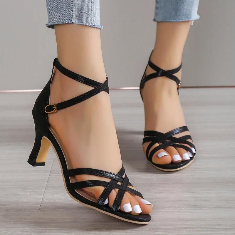 Ankle-Wrap Women Sandals Open Toe Buckle Strap Party High Heels High Heel Professional Catwalk Dance Shoes Zapatos Para Mujeres