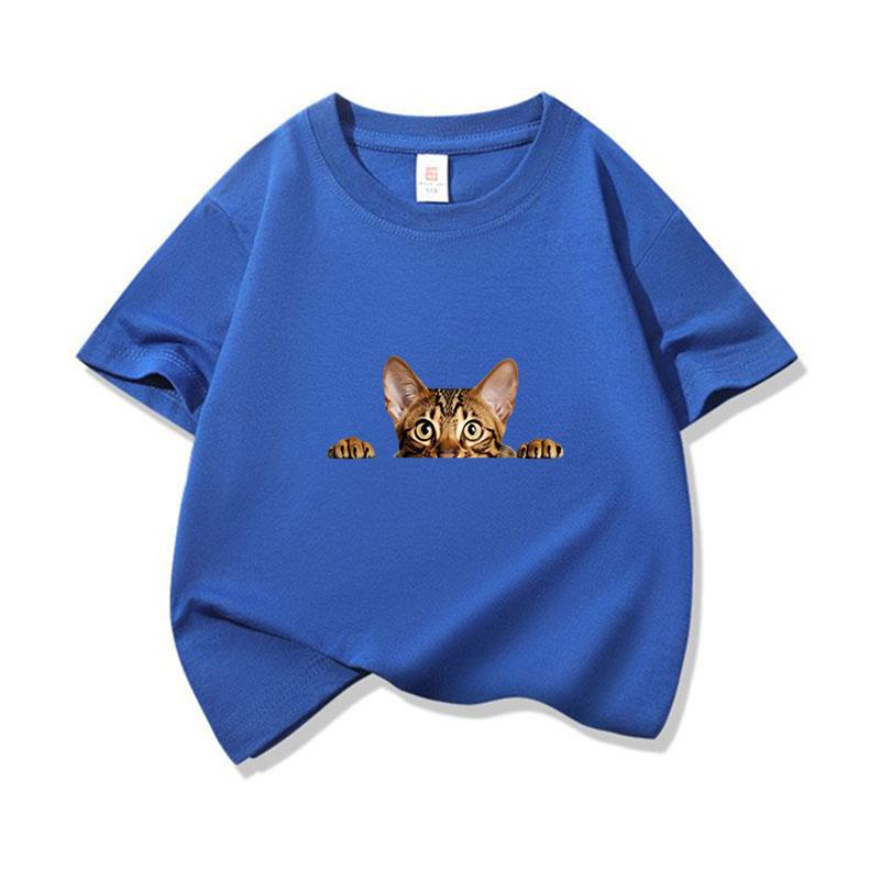 Kids Cotton T Shirt Peeking Bengal Cat Print Crew Neck Short Sleeve Tee Casual Breathable Boys Girls Summer Tops