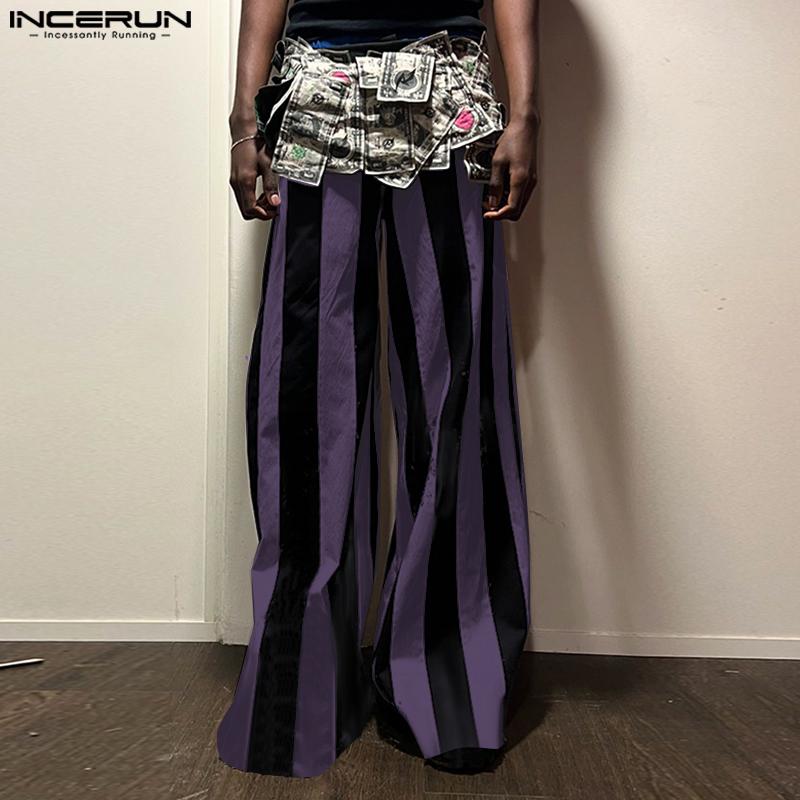 INCERUN Мужские повседневные свободные длинные брюки с застежкой-молнией и полосатыми брюками